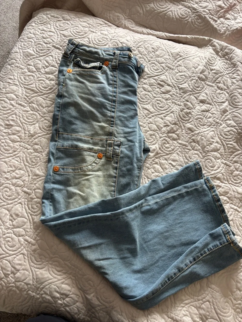 True Religion Light Blue Denim Jeans with Orange Button Accents - Picture 1 of 6